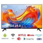 Smart TV 32 , Android 14.0 , 1+8G, Frameless , HD, WiFi, 2 HDMI 2 USB Ports + 1 year warranty - Black
