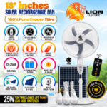 Lion Electric 18 Inch Solar Rechargeable Standing Fan – 25W with Solar Panel, Remote Control & 3 LED Bulbs